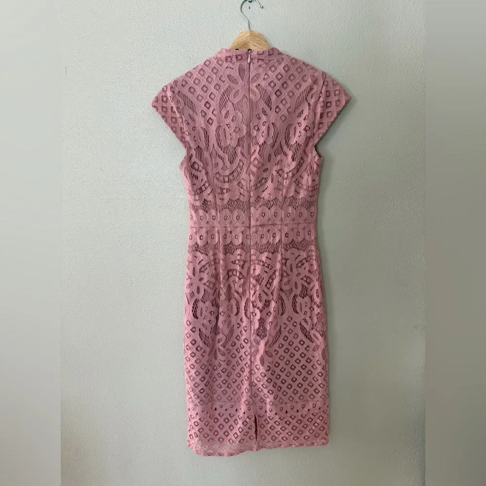 Baltic Born Eyelet Lace Cap Sleeve High Neck Midi Dress in Pink Size S - Picture 7 of 9